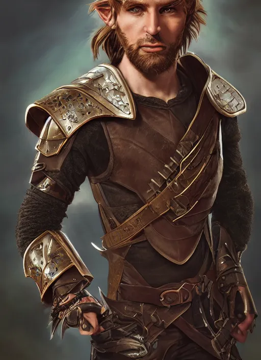 Image similar to A fantasy comic book style portrait painting of an arrogant half elf ranger, shaggy brown hair, scruffy beard, in leather studded armor, unreal 5, DAZ, hyperrealistic, octane render, cosplay, RPG portrait, dynamic lighting