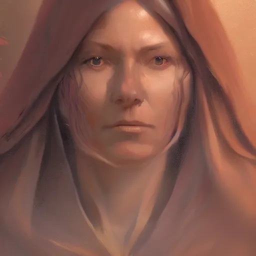 Image similar to portrait of a woman by greg rutkowski, grand jedi master jade skywalker, copper wavy hair, star wars expanded universe, she is about 7 0 years old, wearing jedi robes, wise and serene, highly detailed portrait, digital painting, artstation, concept art, smooth, sharp foccus ilustration, artstation hq