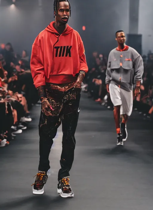 Image similar to hyperrealistic and heavy detailed nike runway show of travis scott, leica sl 2 5 0 mm, vivid color, high quality, high textured, real life