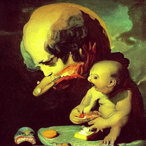 Prompt: Saturn Devouring his Son by Goya, candy, sculpted out of candy, gummy candies, gummy bears, gummy worms, colorful award-winning photo of candy