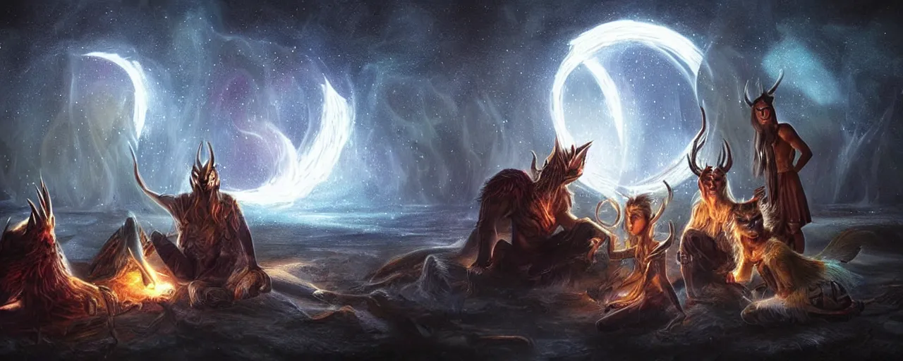 Prompt: uncanny!!! bifrost!!! mythical beasts of sitting around a fire under a full moon at bifrost, surreal dark uncanny painting by ronny khalil