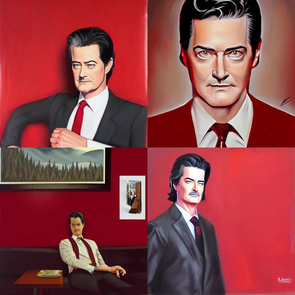 Prompt: painting Kyle MacLachlan Twin Peaks in red room by Mark Brooks