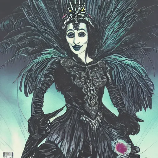 Prompt: Anna Pavlova as dark angel feathered gothic atompunk evil Disney villain queen with black feather hair, feathers growing out of skin, in front of space station window, Mike mignola, david mack, highly detailed, trending on artstation, comic book cover, illustration