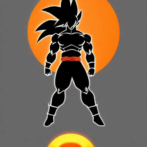Prompt: poster of goku's silhouette with a sun in the background, simple style, all flat colors and shapes, character art, sharp focus, highly detailed, artstation