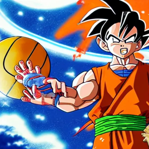 Prompt: son goku having a basketball match with a t - rex on the moon