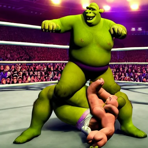 Prompt: shrek vs andre the giant at wrestlemania 8, high definition, 8k