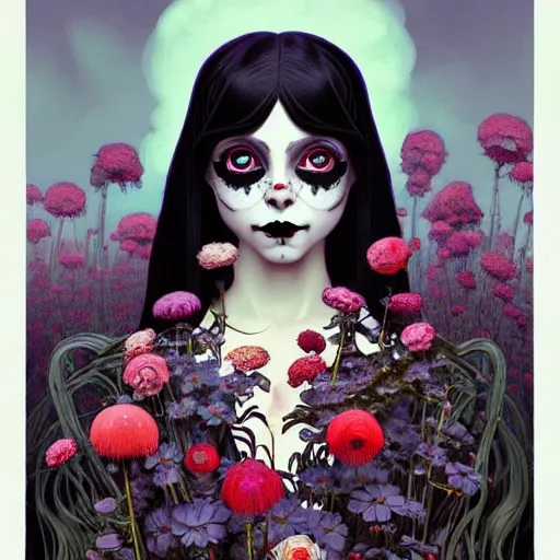 Image similar to a beautiful portrait painting of a ( gothic ) wednesday addams covered with flowers by simon stalenhag and pascal blanche and alphonse mucha!! and nekro!! and josan gonzalez in style of digital art. smooth illustration, film noirs, brush stroke, trichromatic colors, hyper detailed. octane render. trending on artstation