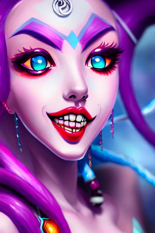 Image similar to a ultradetailed beautiful painting of jinx from league of legends, trending on artstation