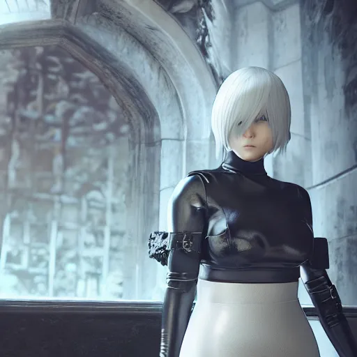 Image similar to 2 b nier automata hiding, 3 d render, unreal engine, octane render, ray tracing, unity, highly detailed, high quality, hd, 4 k, 8 k, realistic, sharp, trending