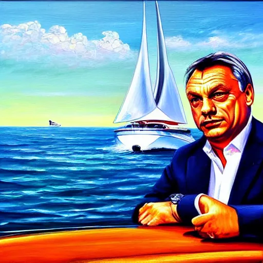 Prompt: viktor orban sailing a yacht, oil painting