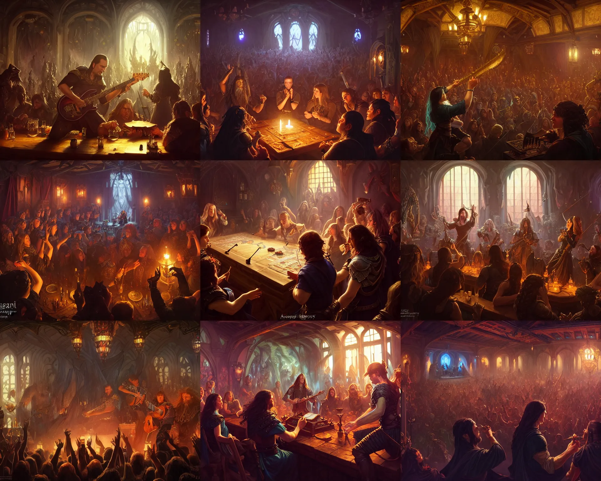 Prompt: photography of blind guardian playing a tavern concert, 8 k, deep focus, d & d, fantasy, intricate, elegant, highly detailed, digital painting, artstation, concept art, matte, sharp focus, illustration, hearthstone, art by artgerm and greg rutkowski and alphonse mucha