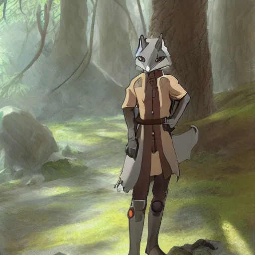 Image similar to concept art painting of an anthropomorphic anime gray fox wearing a tunic, in the deep forest, realistic, detailed, cel shaded, in the style of makoto shinkai and greg rutkowski and james gurney