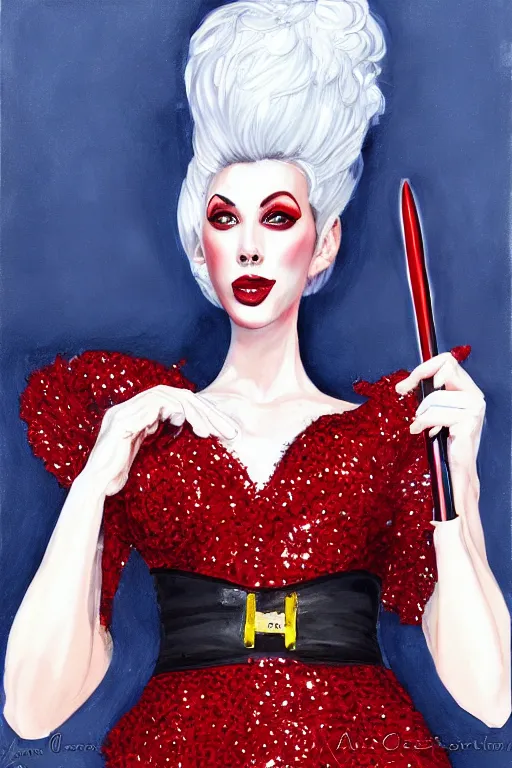 Image similar to Lord Licorice in a red and black sequins gown holding a peppermint sword, painting by Artgerm