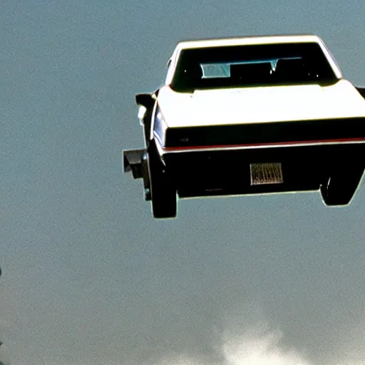 Prompt: movie still of kitt from the knight rider jumping over a truck