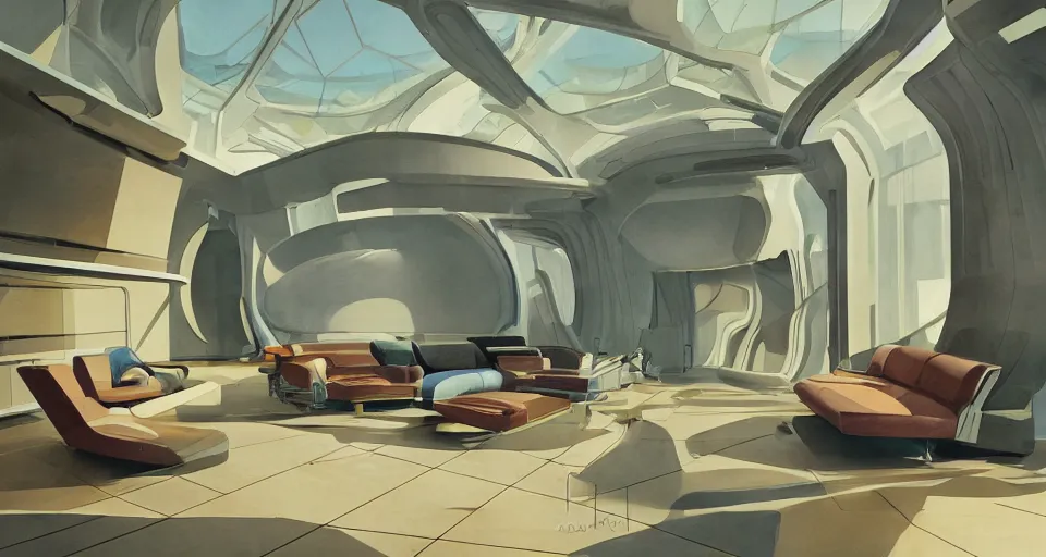 Prompt: a beautiful illustration of futuristic interior hall, lots of furniture, sofa, waiting room, big medium small, sacred geometry, golden ratio, in watercolor gouache detailed paintings, in style of syd mead, trending on artstation,8k, panel, hard surface, vent, zaha hadid, props, plant, cozy,decoration around the room