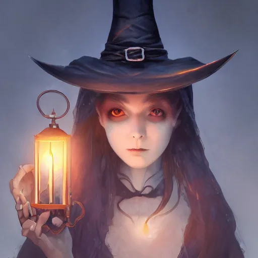 Prompt: portrait of a ghoulish victorian witch dark cheekbones holding a lantern, halloween night, charlie bowater, artgerm, kawaii, chris moore & studio ghibli, ruan jia, realism, ultra detailed, 8 k resolution