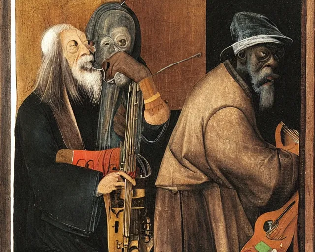 Image similar to ornette coleman and marc ribot by hieronymus bosch