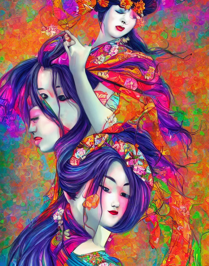 Prompt: semi semi realistic digital painting!! beautiful geisha flying over a colorful city, dramatic, xray melting colors!!