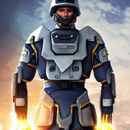 Image similar to a futuristic soldier captain with a metal visor and a blue shoulderpad