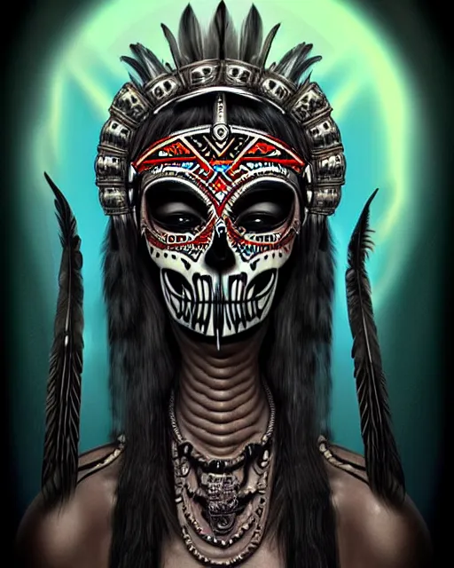 Image similar to character design, aztec warrior goddess with beautiful skull face, crown of very long feathers, full body, glowing aztec tattoos, beautiful, dark fantasy by hr giger