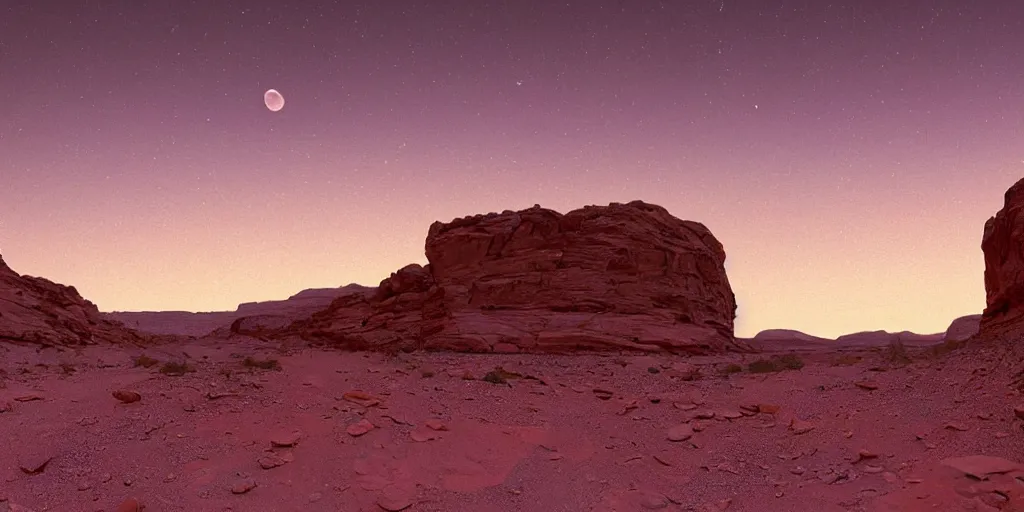 Image similar to a view looking out of a cave of a dried up river bend running through a canyon surrounded by desert mountains at sunset on mars, purple sky, two moons, planet mars, moab, utah, a tilt shift photo by frederic church, trending on unsplash, hudson river school, photo taken with provia, national geographic photo