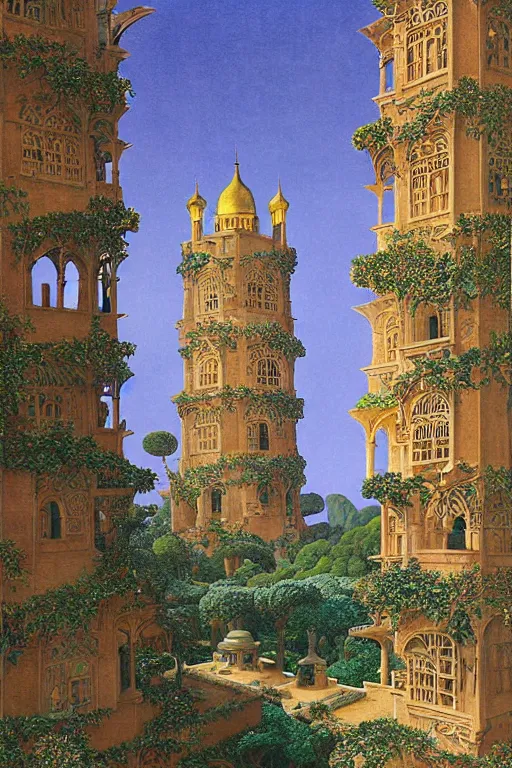 Image similar to ancient carved tower of the moon in its gardens fairytale illustration, elaborate latticed balconies, tall windows, moorish architecture, formal gardens, dramatic cinematic lighting, soft colors, golden age illustrator, unreal engine, by Ludwig Deutsch and William Dyce and April Gornik and (Maxfield Parrish and Nicholas Roerich)