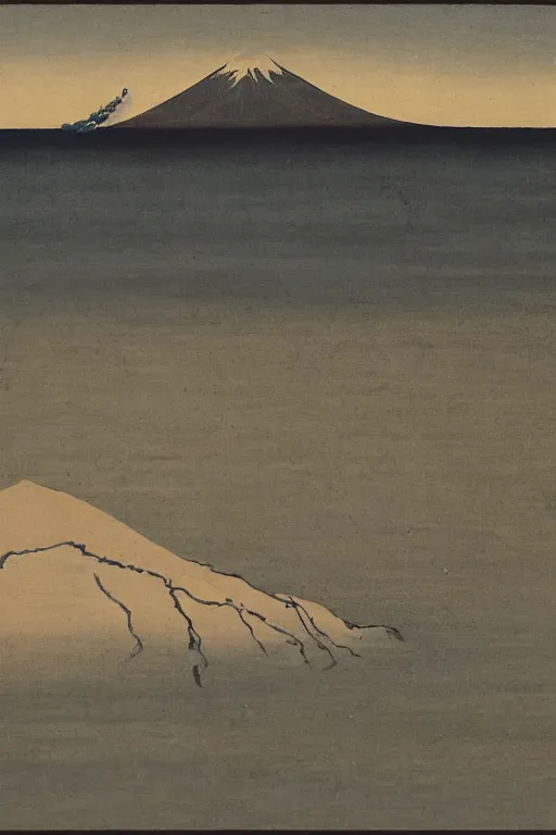 Prompt: seascape in the style of ancient japanese masters, on the shore a giant nose in the shape of mount fuji sniffing the sand in, dali