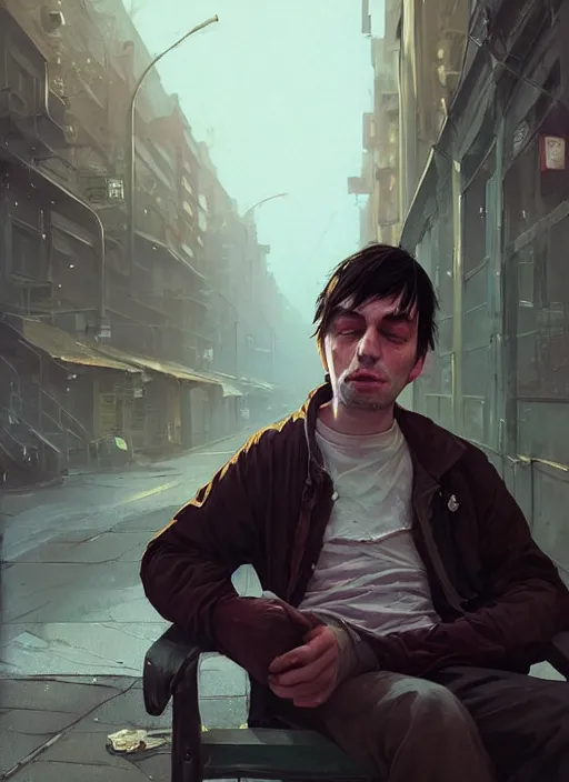 Image similar to Highly detailed portrait of homeless and beaten up Martin Shkreli, in GTA V, Stephen Bliss, unreal engine, fantasy art by Greg Rutkowski, Loish, Rhads, ferdinand knab, Makoto Shinkai and Lois van baarle, ilya kuvshinov, rossdraws, Tom Bagshaw, alphonse mucha, global illumination, radiant light, detailed and intricate environment