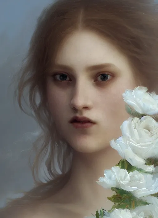 Image similar to oil painting close up portrait of a contemplative young irish woman with long redhead flowing hair in a dress made of white roses!! at sunset, hazy, digital art, chiaroscuro, artstation, cinematic, golden hour, digital art painting by greg rutkowski, william - adolphe bouguereau, foggy atmosphere, cinematic lighting