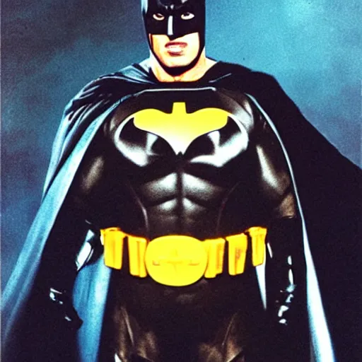 Image similar to Sylvester Stallone as Batman, photo realistic