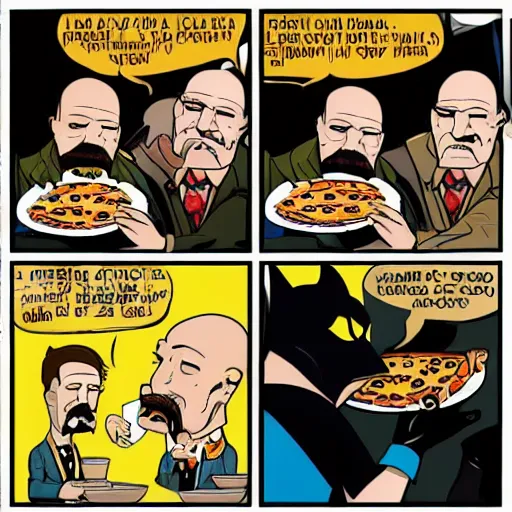 Prompt: batmen eating pizza with Walter white