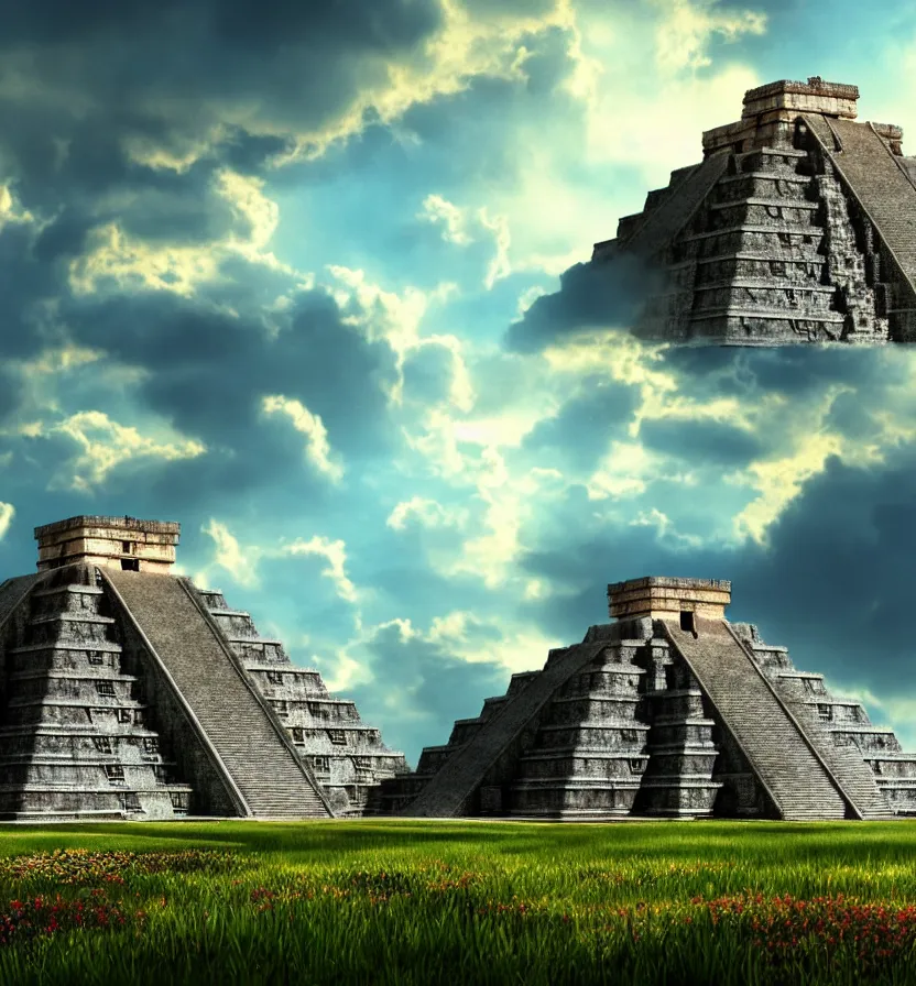 Image similar to environment of multiple detailed complex fractal architecture mayan pyramids in a vast garden wildflower landscape that meets the ocean, by glenn small, by albert bierstadt photorealism, hyper realism, octane render, unreal engine, volumetric light, depth of field, volumetric clouds, god rays, lens flares, detailed, intricate, twin motion, megascan, high resolution, realistic render