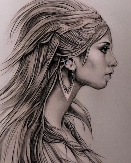 Image similar to tattoo sketch of beautiful greek goddess aphrodite with arrowhead earrings, beautiful piercing eyes, flowing blonde hair, realistic face, hyper realistic, in the style of greg rutkowski, fantasy, amazing detail, epic, intricate, elegant, smooth, sharp focus