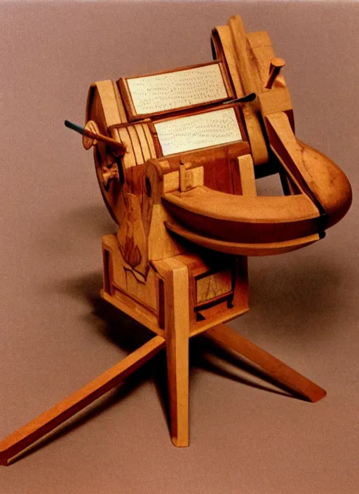 Prompt: realistic photo of a a wooden medieval astronomy appliance model equipment gadget made of wooden toy constructor 1 9 9 0, life magazine reportage photo, natural colors, metropolitan museum collection