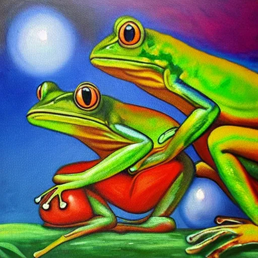 Prompt: oil painting gay frogs