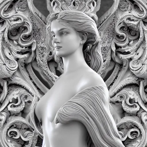 Image similar to wonderful princess made of marble, beautiful face, hyper detailed, flowing background intricate and detailed, ornate 8 k gorgeous intricate detailed, octane render, black and white