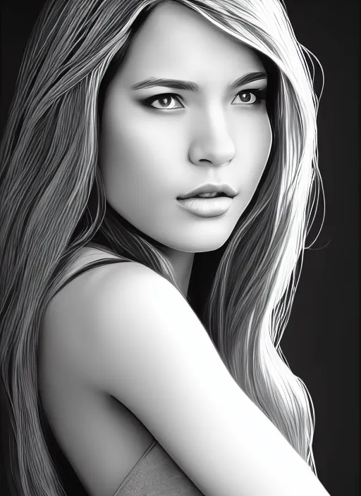 Image similar to full body portrait of a beautiful young woman in black and white, photorealistic, hair down to waist, sharp focus, in the style of Kevin Kostic, Stephen Lau and artgerm, hyper sharp focus, 8k highly detailed