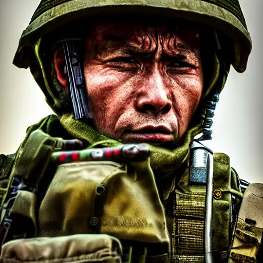 Prompt: A paranoid soldier looking around frantically, Vietnam War, HDR, 4k, hyper realistic, super detailed, sharp focus