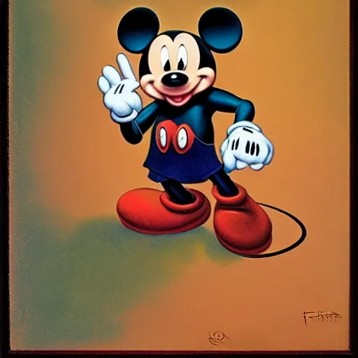 Prompt: Mickey Mouse by Frank Frazetta, masterpiece digital painting