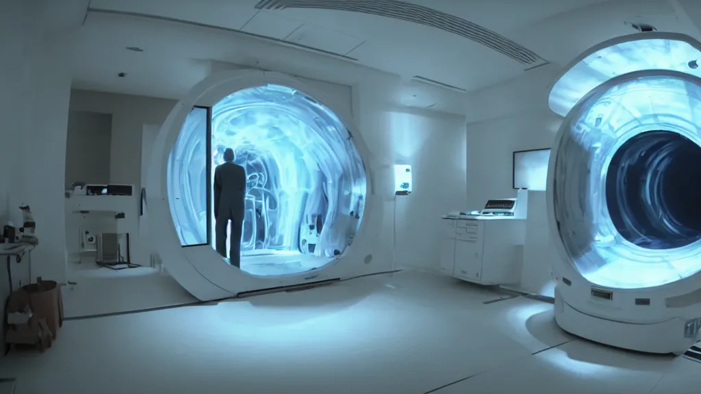 Image similar to an mri image open mri machine portal in the living room, film still from the movie directed by denis villeneuve with art direction by salvador dali, wide lens