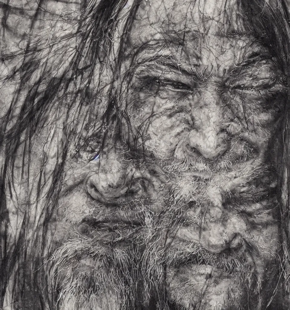 Prompt: detailed portrait, face of a samurai wizard shaman, yoshitaka amano