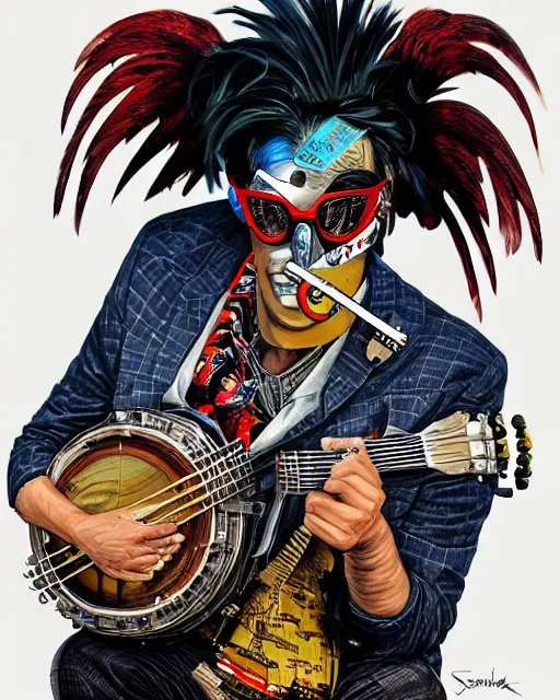 Image similar to a portrait of an anthropomorphic cyberpunk rooster shredding a banjo by sandra chevrier, by jon foster, detailed render, tape deck, epic composition, cybernetics, 4 k realistic, cryengine, realistic shaded lighting, sharp focus, masterpiece, by enki bilal