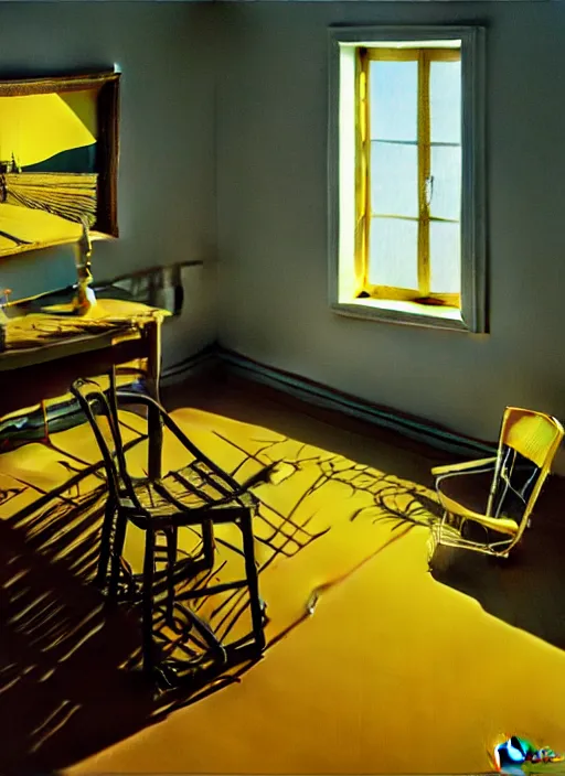 Prompt: hyper detailed 3d render like a Oil painting - the lonely living room, light and shadow, yellow wheat fields and electric poles outside, by Jacek Yerka, Mariusz Lewandowski, Houdini algorithmic generative render, Abstract brush strokes, Masterpiece, Edward Hopper and James Gilleard, Zdzislaw Beksinski, Mark Ryden, Wolfgang Lettl, hints of Yayoi Kasuma, octane render, 8k