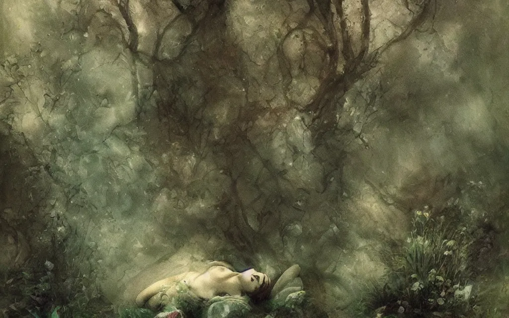 Image similar to the dreaming stone prince submerged in shadow and mist overgrown garden melancholy, exquisite painting, moody colors