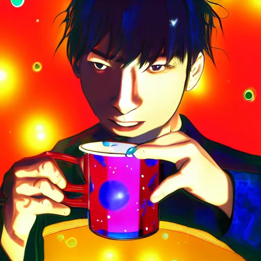 Prompt: A man drinking a cup of cosmic energy bright light by Masafumi Harada, 4k, digital art, surreal, anime style,