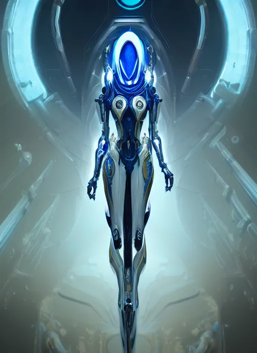 Image similar to benevolent cyborg necromancer, scifi, futurism, alien room background, white, blue, gold, protoss, warframe, highly detailed, trending on artstation, soft light, sharp edges, illustration, spiritual, technology, character design, art by vitaly bulgarov and nivanh chanthara