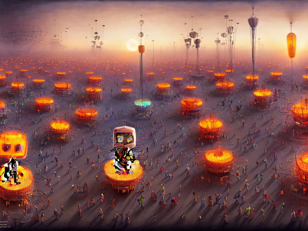 Prompt: hyper detailed 3d render of a very detailed charismatic burning man festival happy robot gentil ,dystopia city , siniter mechanical city by Gediminas Pranckevicius,Mark Brooks, Rembrandt,james gurney,dan luvisi,Petros Afshar, tim hildebrandt, liam wong, thomas kinkade,ernst haeckel,trending on artstation