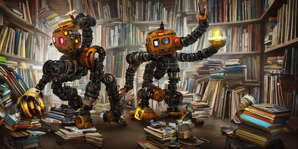 Prompt: A frightening multi armed evil robot devouring books with pipes and tubes and pages floating down, hyperealistic very colourful hdr cinematic lighting cgi render photorealistic cinematic octane render  -H 768