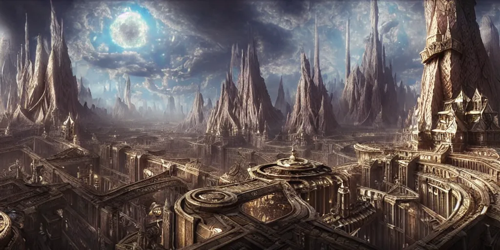 Image similar to a beautiful and insanely detailed matte painting of an advanced sprawling civilization with surreal architecture designed by akihiko yoshida!, whimsical!!, epic scale, intricate details, sense of awe, elite, fantasy realism, complex layered composition!!