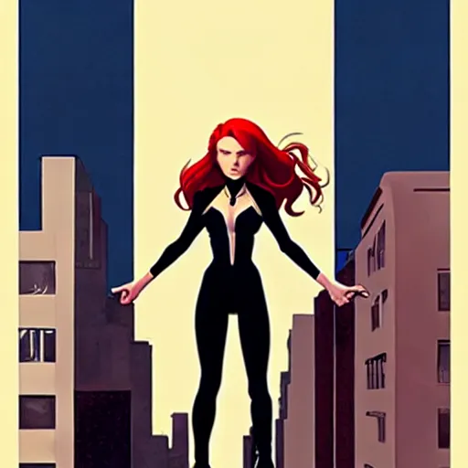 Image similar to phil noto comicbook cover art, black widow marvel, symmetrical eyes, long red hair, full body, city rooftop